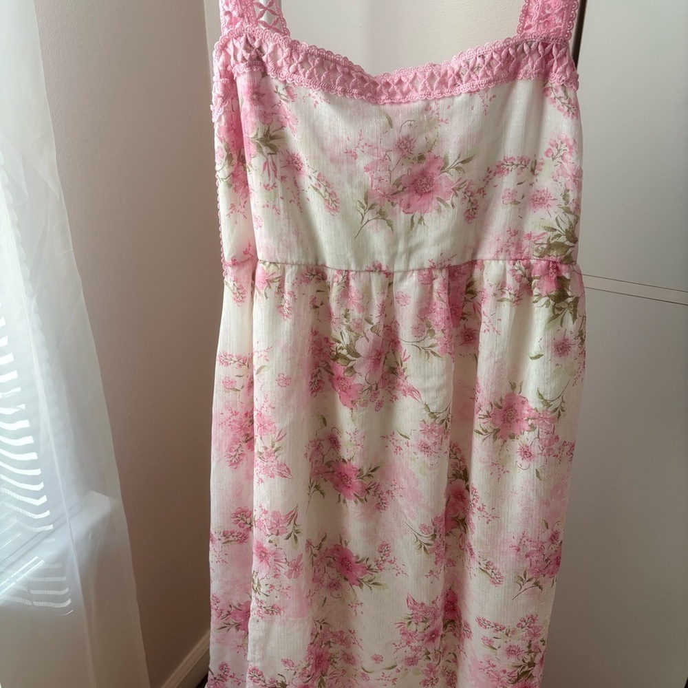 By the River Pink Floral Dress Size L - Crochet Straps & Tiered Skirt - Picture 3 of 6